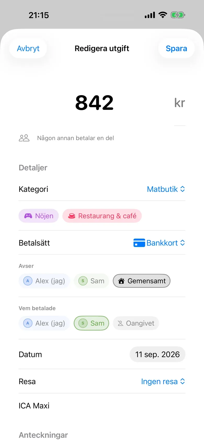 Utgiftsformuläret i ett delat hushåll med valen Avser och Vem betalade, där Sam är vald som betalare.