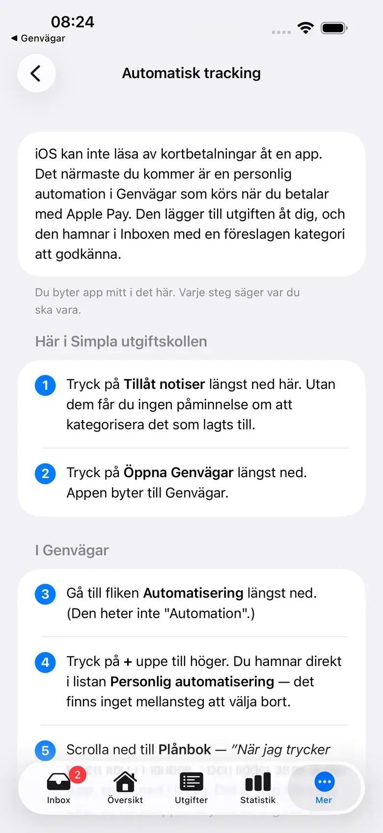 Guiden i appen som steg för steg visar hur automationen för Apple Pay ställs in i Genvägar.