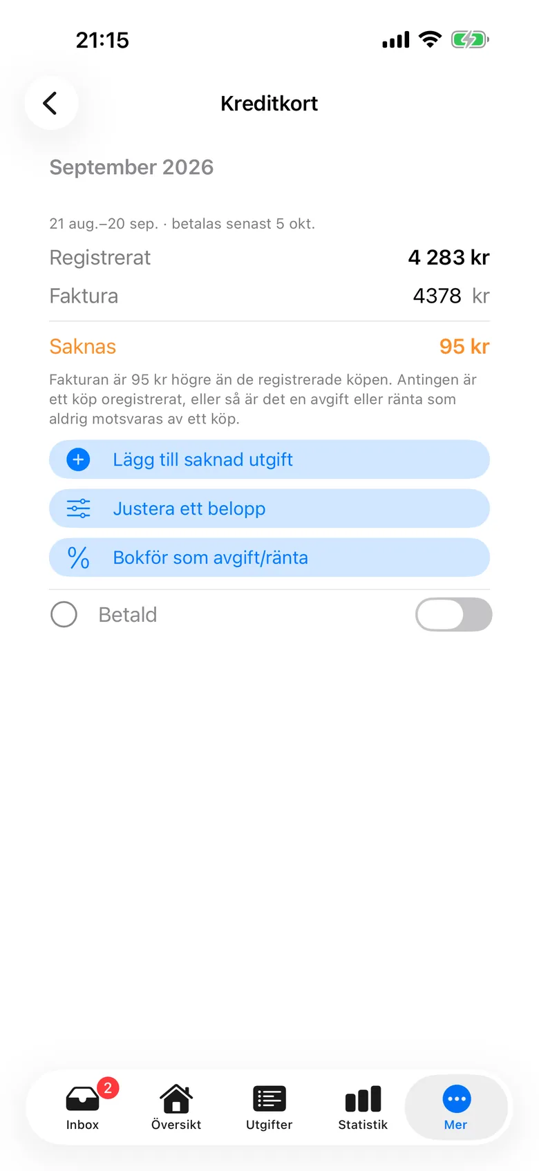 Kortavstämningen där fakturans belopp jämförs med de registrerade köpen i perioden.