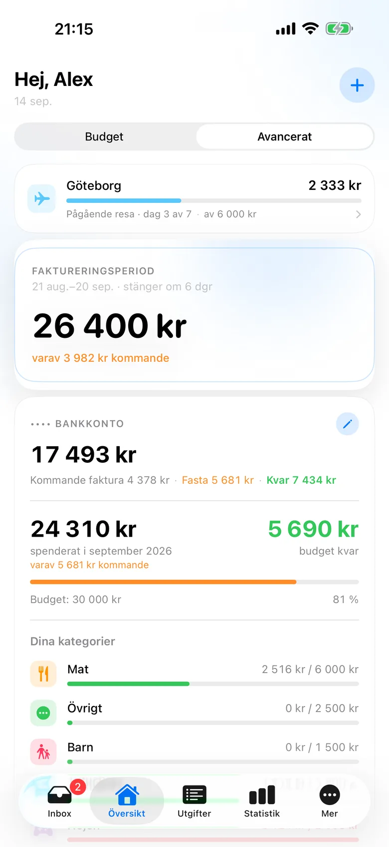 Översikten i läget Avancerat med bankkontots saldo, kommande kortfaktura och vad som är kvar.
